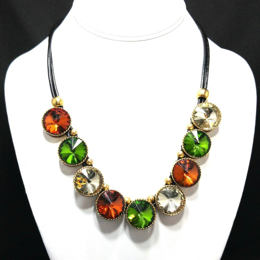 Vintage Rivoli Rhinestone Leather Necklace, Large Orange Green Clear Rhinestones